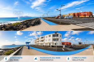 a collage of two pictures of a building on the beach at Rincon de Paz in Corralejo