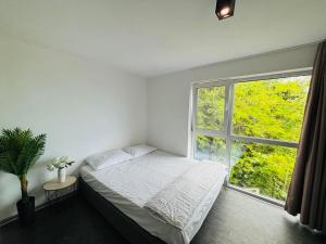 a bedroom with a bed and a large window at Beach House Cabacum in Golden Sands +70 photos