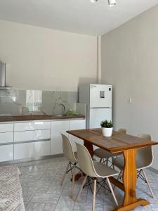a kitchen with a table and chairs and a refrigerator at Tilemaxos Apartment in Ierissos
