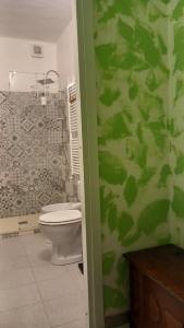 a bathroom with a toilet and a green wall at affittacamere de al vecchio scalo in Isola del Cantone