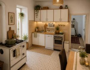 a kitchen with white cabinets and a stove at House by the River in Orja Luka