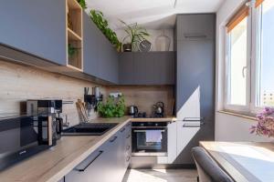 a kitchen with stainless steel appliances and a window at Tatra's View Apartment in Poprad