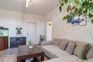 a living room with a couch and a table at Tatra's View Apartment in Poprad