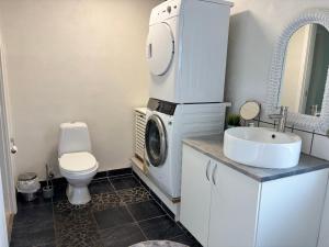 a bathroom with a washing machine and a sink at Dream house in Glesborg +24 photos
