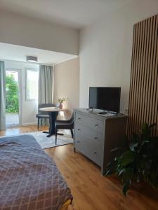 a bedroom with a bed and a dresser with a flat screen tv at Apartment Linde Otzenhausen in Nonnweiler
