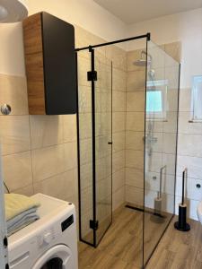 a shower stall in a bathroom with a washing machine at Apartment Marin in Donji Seget +19 photos