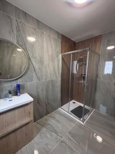 a bathroom with a shower with a sink and a mirror at Moate View House in Ballymore Eustace +8 photos