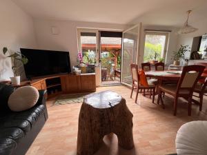 a living room with a couch and a table with a television at Green Garden Home in Cerknica