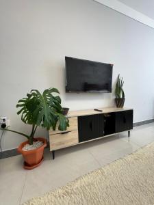a living room with a flat screen tv and a potted plant at Jambo luxury living in Marimbeti