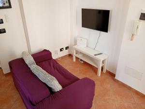 a living room with a purple couch and a tv at La finestra sulla campana in Brescello