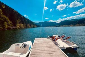 a boat tied up to a dock on a lake at Chalet le Petit Coeur in Xonrupt-Longemer