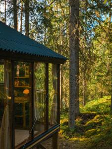 a wooden cabin in the woods with a tree at Minimökki Karjalohjalla in Lohja