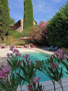 a swimming pool with chairs and flowers in a yard at Maison 1643 in Laudun