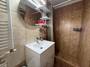 a bathroom with a sink and a mirror at Căsuța Verde in 2 Mai +15 photos