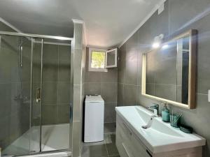 a bathroom with a sink and a shower at Maison Bleu Katomeri in Katomérion