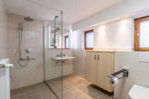 a bathroom with a shower and a toilet and a sink at Appartement Tschol in Flirsch