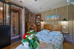 a bedroom with a bed and a tv in it at Chambre D'hôtes La Télécabine in La Balme-de-Thuy