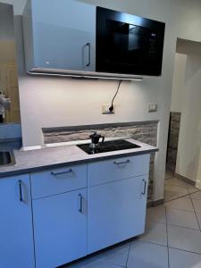a blue kitchen with a sink and a microwave at Gabici Suite Ravenna in Ravenna
