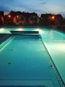 a swimming pool with blue water at night at Apartament Jaśkowy in Żarnowska +13 photos