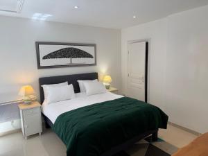 a bedroom with a large bed with a green blanket at Maison Girasol Sleeps 4 w Pets On Request in Eymet