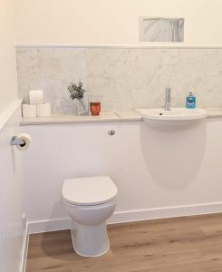 a white bathroom with a toilet and a sink at Glentorran in Campbeltown
