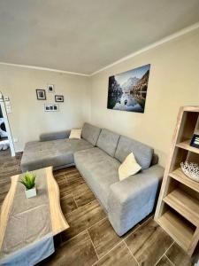 a living room with a couch and a table at Apacs Villa in Ráckeve