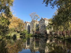 a large building next to a river with trees at Apartamento Central Rainha in Caldas da Rainha