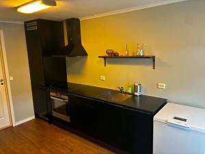 a kitchen with a sink and a stove at Bedify Lodge Sokndal in Sokndal