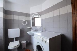 a bathroom with a toilet sink and a washing machine at The Old Barn by Roby in Saint Vincent