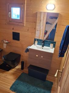 a bathroom with a sink and a mirror at The Sam's house in Panouryiás +74 photos