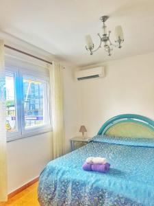 a bedroom with a blue bed and a window at N'Baz Apartment Lezhë in Lezhë