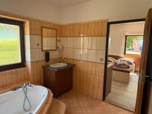 a bathroom with a tub and a toilet and a sink at Apartmány Kadleců in Volary +131 photos