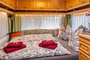 a bedroom with two red pillows on a bed at La Pura Vida - Glamping in Brandenburg an der Havel