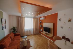 a living room with a couch and a tv at ZAZA Apartament - central area, with balcony in Târgu Jiu