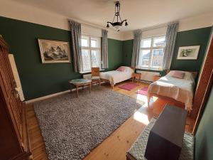 a living room with green walls and a bed and a couch at Ferienwohnung Fläming in Bad Belzig
