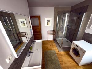 a bathroom with a shower and a washing machine at Ferienwohnung Fläming in Bad Belzig +24 photos