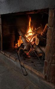 a brick oven with a fire in it at cabaña EL CHALECITO DE ANA in Villa del Dique