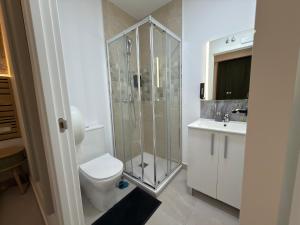 a bathroom with a shower and a toilet and a sink at Hotel Boutique Traveler 360 in Madrid