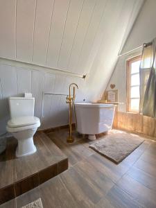 a bathroom with a white tub and a toilet at Pousada Sítio Bosque in Campina Grande
