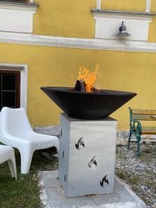 a fire pit with a bowl on top of it at Ferienwohnung Raabklamm in Arzberg