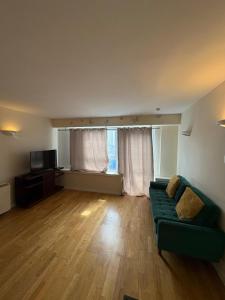 a living room with a green couch and a television at Beautiful 2 Bedroom - Woolwich in Woolwich