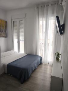 a bedroom with a bed and a large window at Apartamentos Teresita in Badajoz