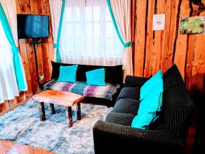 a living room with a couch and a table at Cabañas el arrayan neltume in Neltume