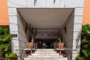a staircase leading to a building with potted plants at Tri Hotel Executive Santa Maria in Santa Maria