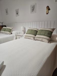 a bedroom with two beds with white sheets and green pillows at MEQUEDO el ESPOLON in Alcañiz +21 photos