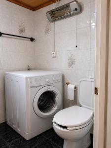 a bathroom with a washing machine and a toilet at Τα σπίτια στα Λειβάδια - Γαρδένια in Vrakhnós