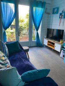 a living room with a couch and a tv at Maison de pêcheurs les petits quinquins in Étaples