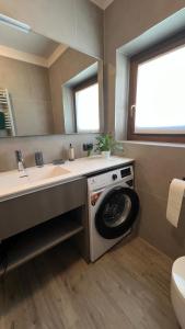 a bathroom with a washing machine under a sink at Casa Marika in Valdisotto