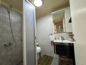 a bathroom with a toilet and a sink and a shower at Batroun Escape, 2BR, 24-7 elect, beach view! in Batroûn +18 photos