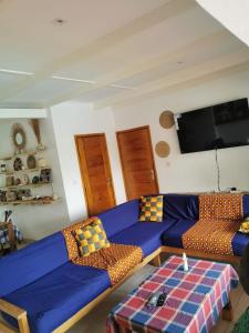 a living room with a blue couch and a tv at VILLA Fleurie in Mafia